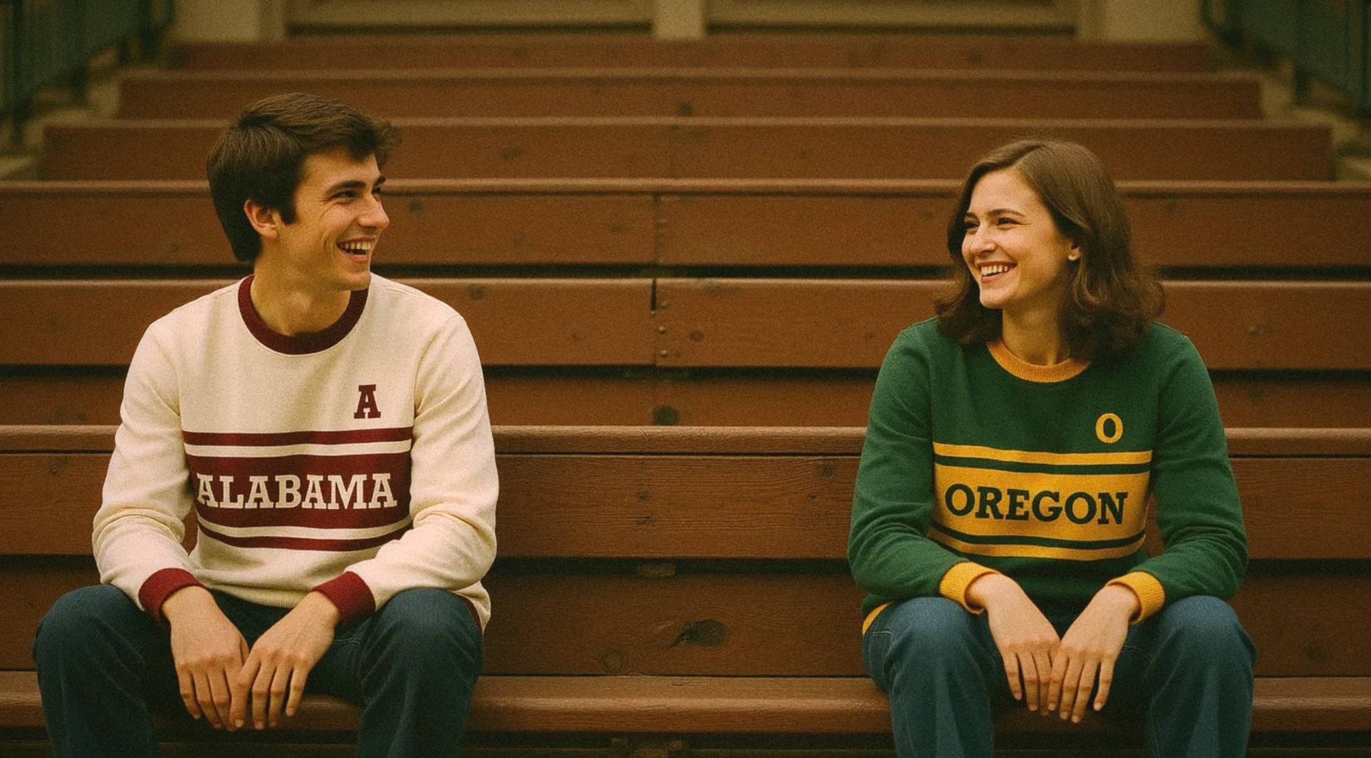 Two friends on wooden bleachers wearing the Alabama and Oregon knit letter sweaters