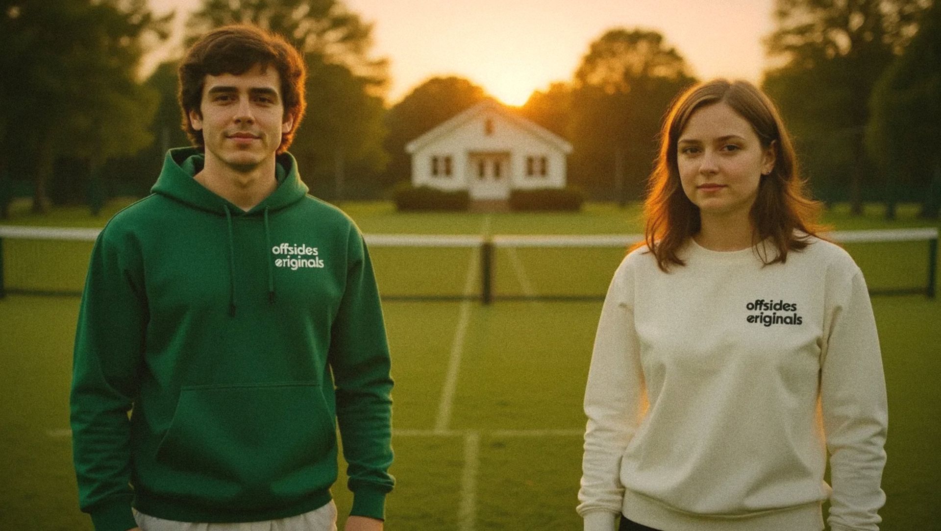 Two people at a grass tennis club wearing the forest Originals hoodie and off-white Originals crewneck